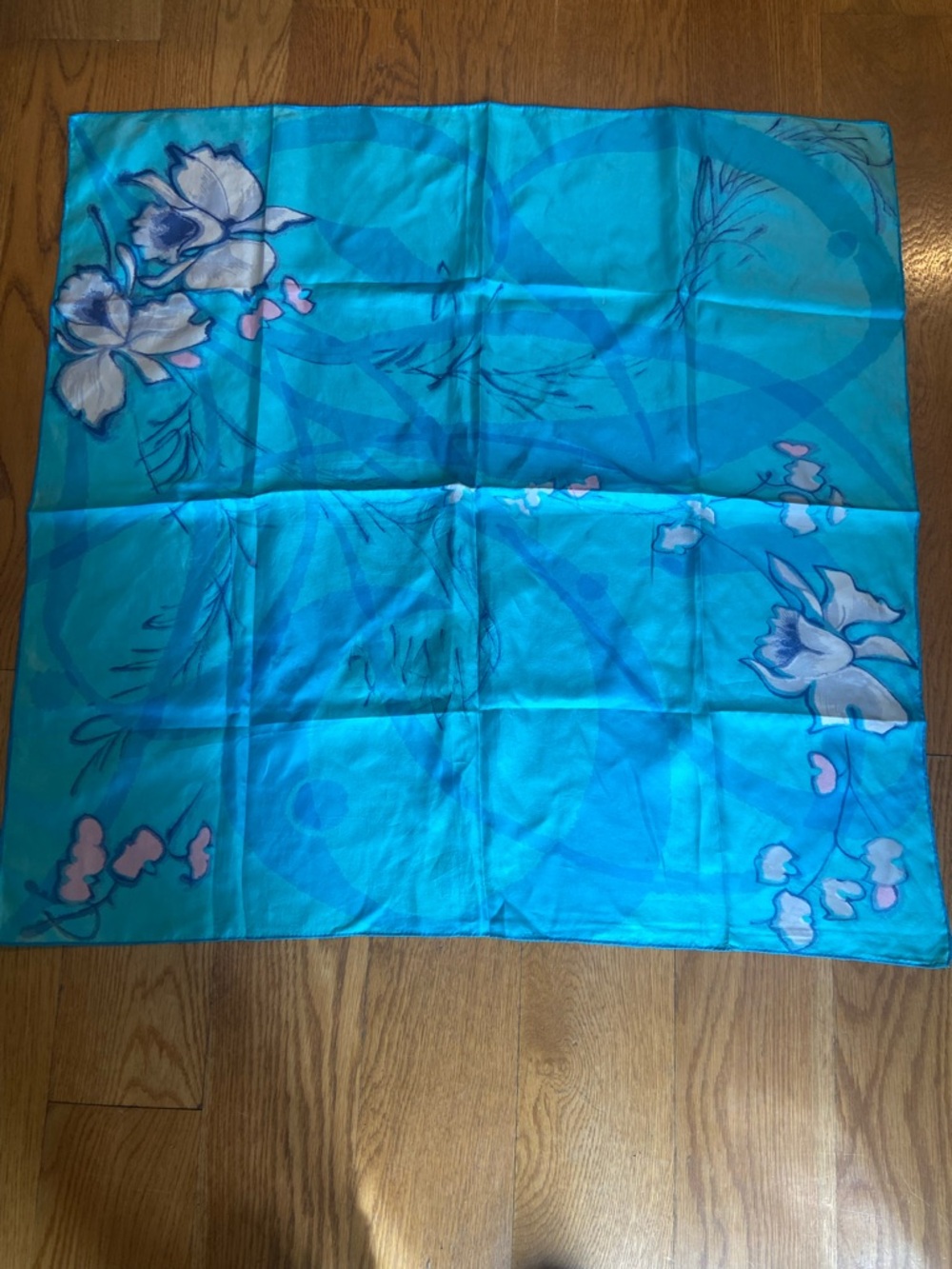 Vintage Turquoise Floral Square silk Scarf